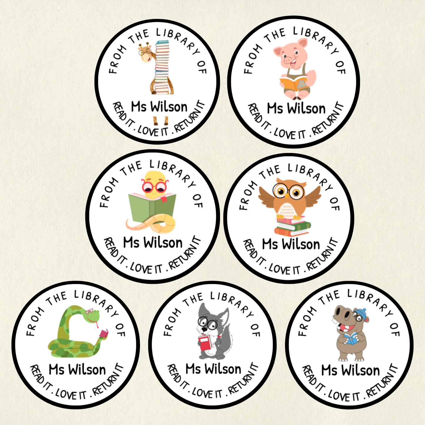 Animal Personalised Book Labels | Custom Library Stickers | 35 Stickers per Sheet