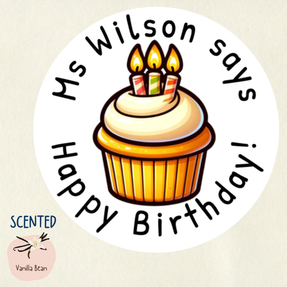 Personalised Happy Birthday Vanilla Scented Cupcake Reward Stickers | 6 Colours | Smelly Stickers