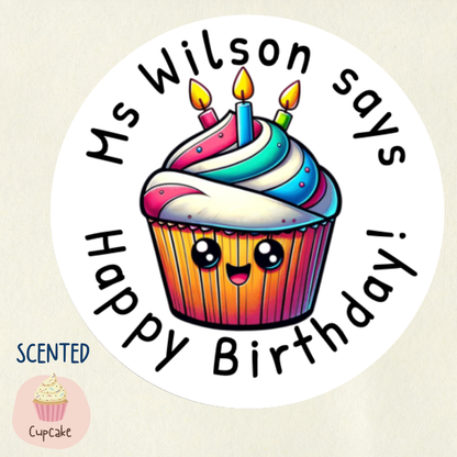 Personalised Happy Birthday Cupcake Scented Reward Stickers | 6 Colours | Smelly Stickers