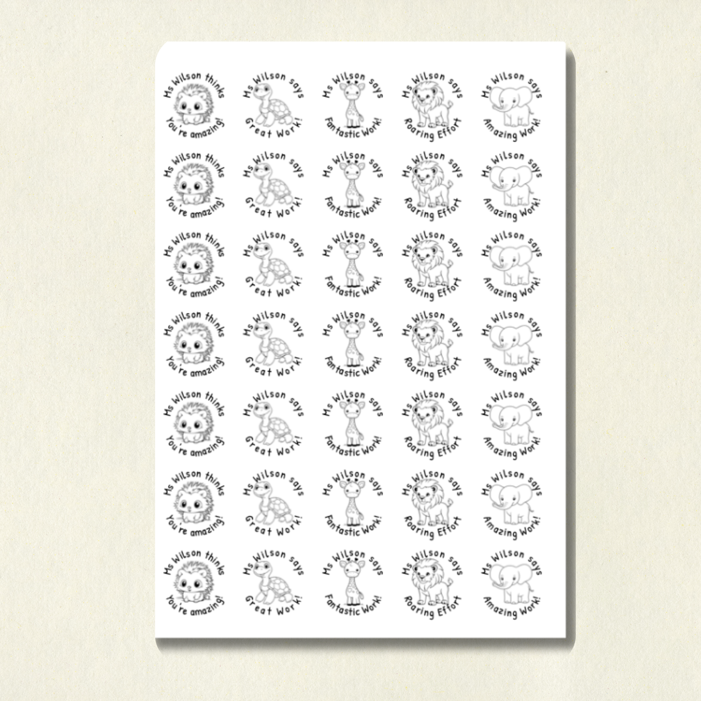 Personalised Colour Me In Animal Reward Stickers (Set 1) | Black and White | 10 Scents | Smelly Stickers