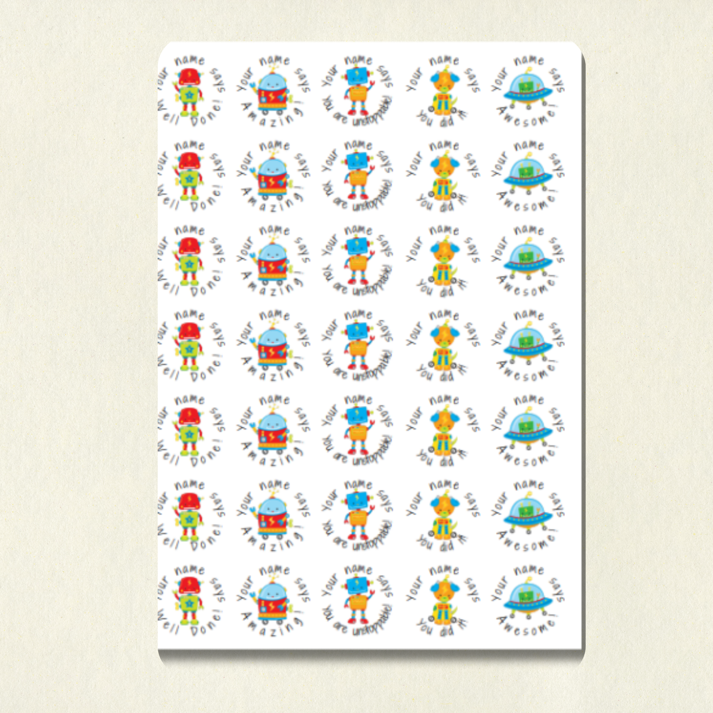 Personalised Robot Reward Stickers | 6 Colours & 10 Scents | Smelly Stickers