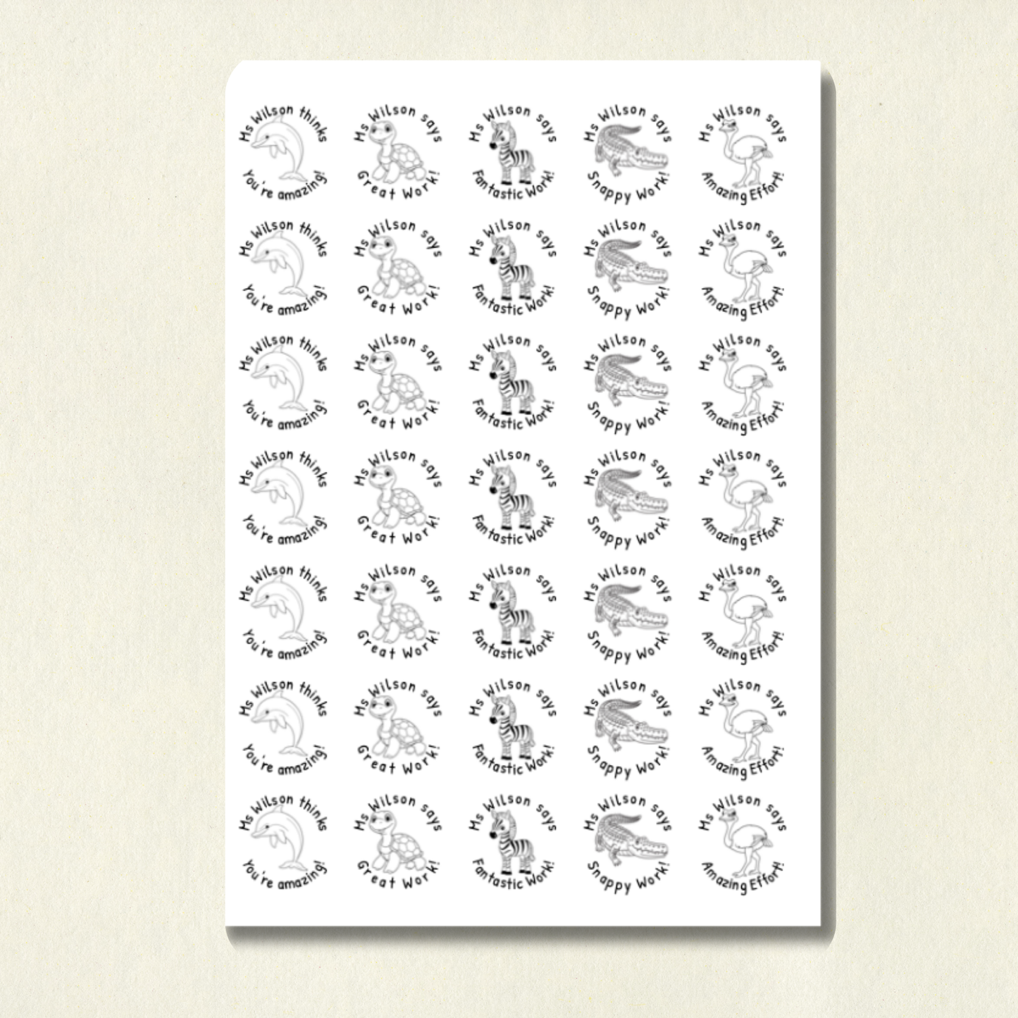 Personalised Colour Me In Animal Reward Stickers (Set 2) | Black and White | 10 Scents | Smelly Stickers