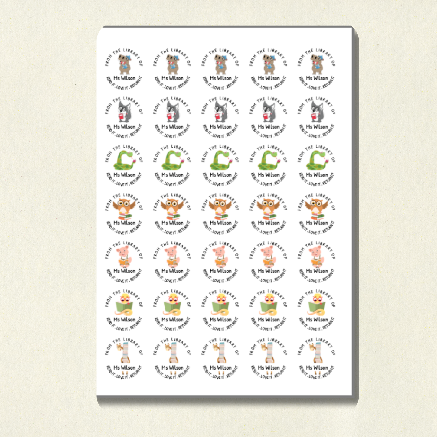 Animal Personalised Book Labels | Custom Library Stickers | 35 Stickers per Sheet